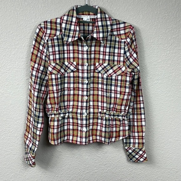 New Veronica Beard Shania Plaid Plaid Button Down Blouse Shirt Linen Fall Sz 0 - Picture 4 of 15
